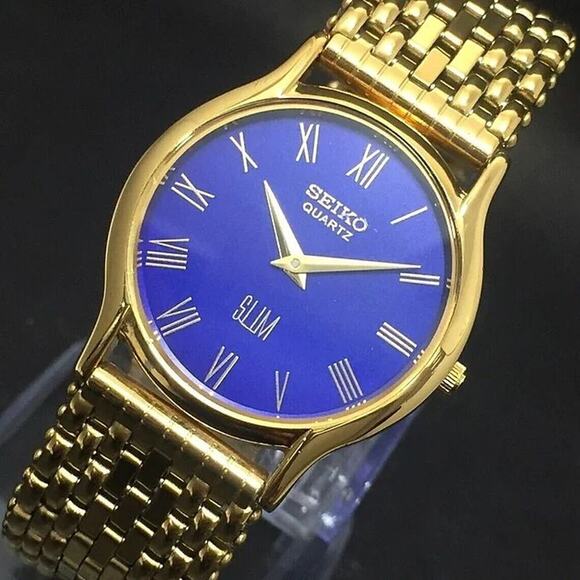 Vintage Style Seiko Quartz Mens Gold Watch & Blue accents W/ Metal Strap - Picture 1 of 6